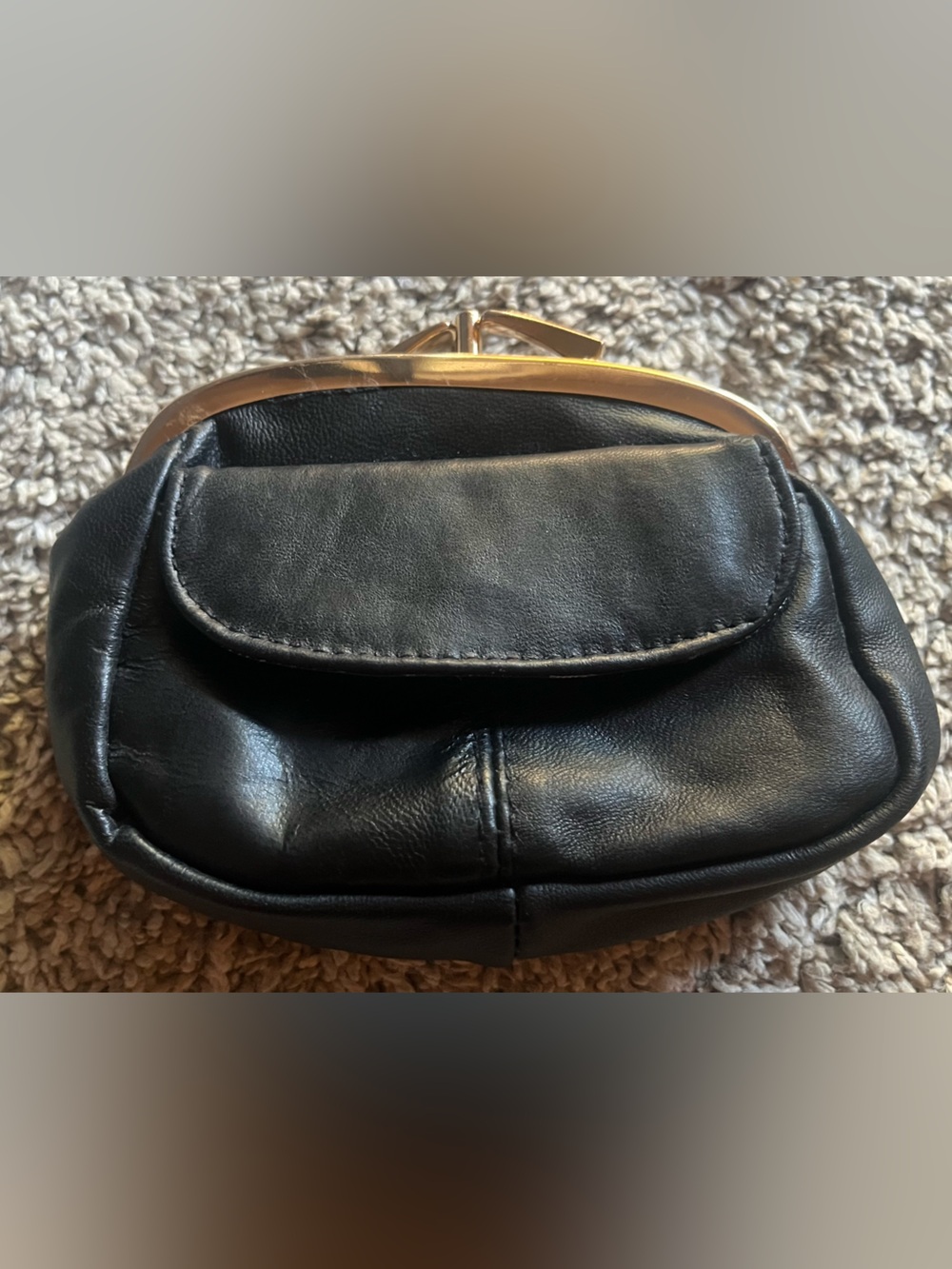 Black Vintage Leather Coin Pouch with Gold Snap Clasp